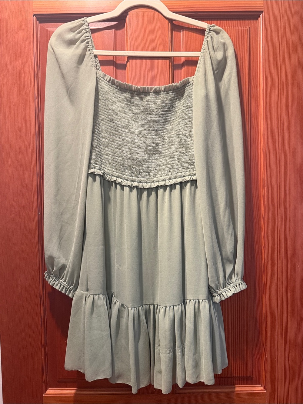 Aritzia Wilfred Smocked Long Sleeve Tiered Mini Dress in Sage size small
